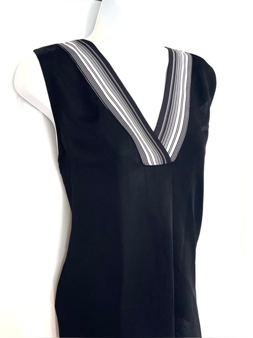 Sleeveless Black V-Neck Top with Striped Trim!